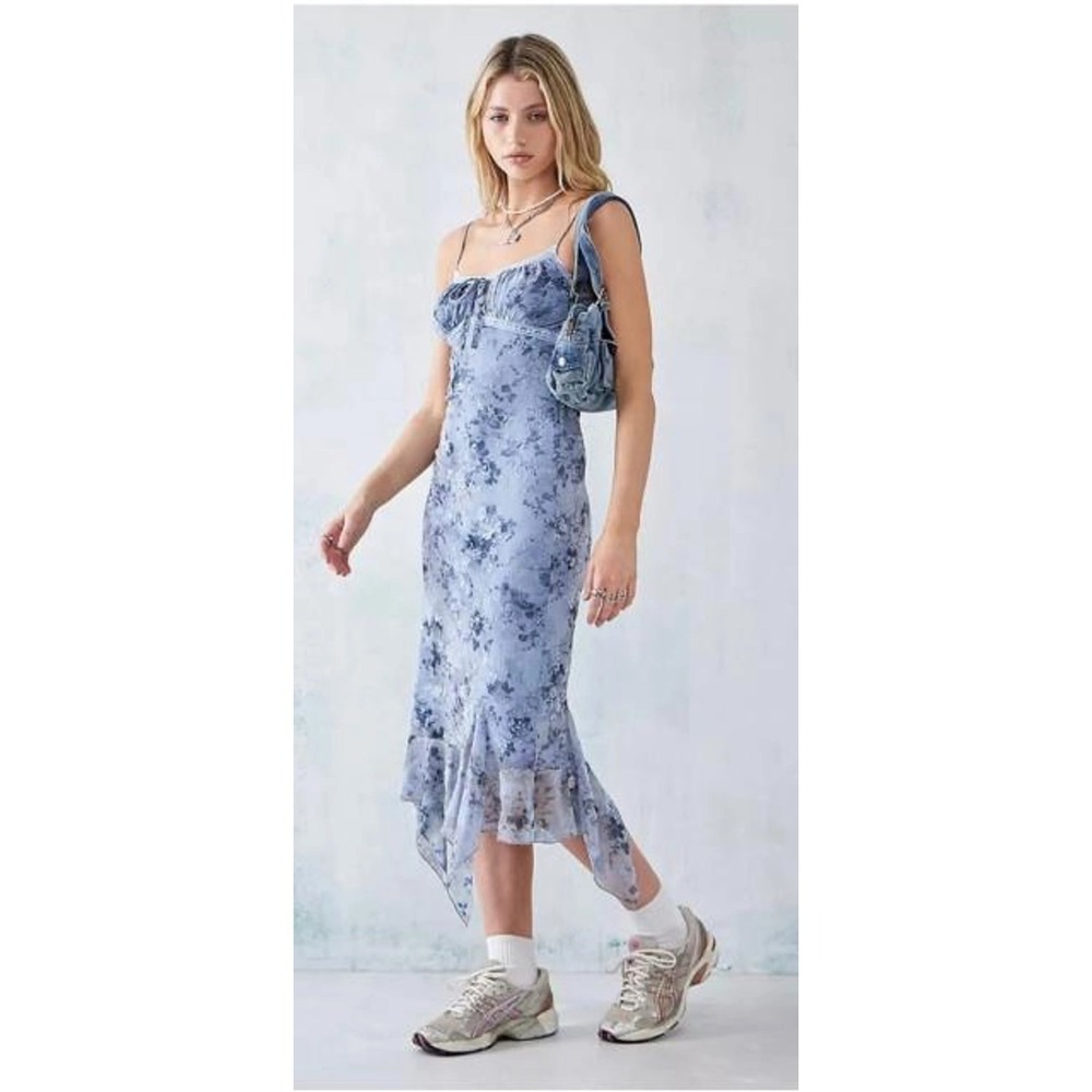 Urban‎ Outfitters Floral Mesh Handkerchief Hem Midi Dress Blue Y2K Large